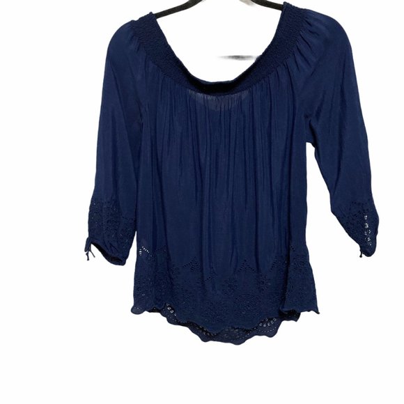 Lucky Brand Small Navy Off Shoulder 3/4 Sleeve Bow Detail Top - Picture 3 of 7